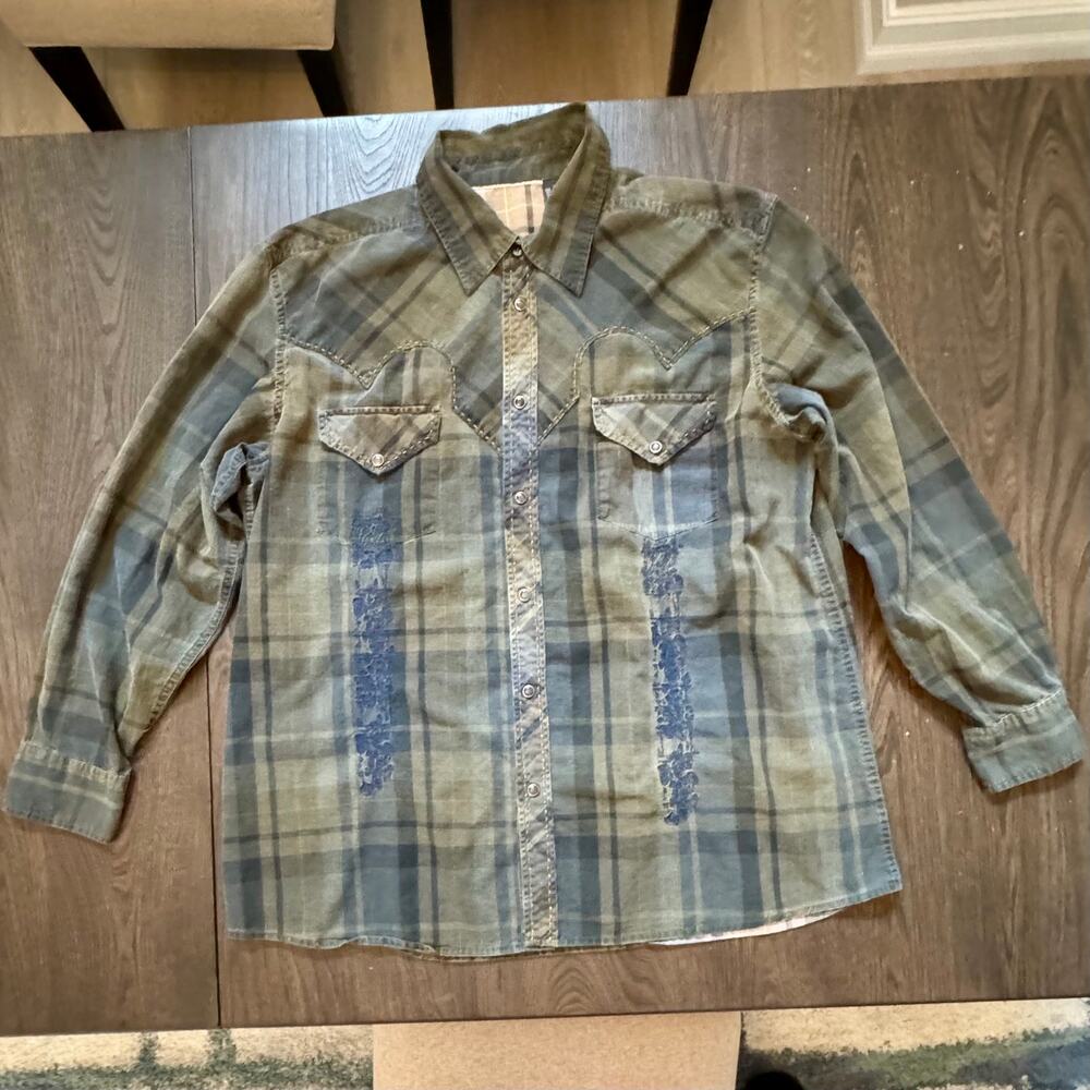 BluLaw Mens XXL BluLaw XXL Western Plaid Pearl Snap Distressed Y2K Shirt 2XL